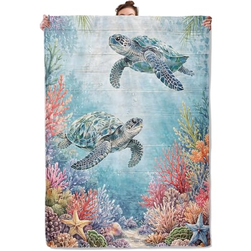 Watercolor Sea Turtle Throw Blanket, Coastal Marine Life and Ocean Reef, Soft Flannel Fleece, 40x50 Inch, Sofa Bed Couch Blankets for Beach Lovers, Cozy Nautical Home Decor Gifts - color: Sea Turtle, size: 50x40 INCH