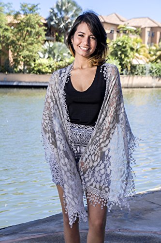 Cindy and Wendy Lightweight Soft Leaf Lace Fringes Scarf Bridal Veils shawl for Women - color: Light Gray