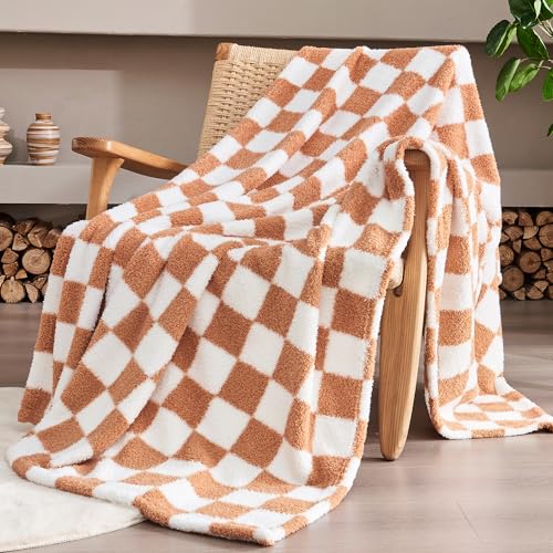 Caramel Brown Checkered Throw Blanket, Soft Plush Microfiber Fleece Blanket for Couch Sofa Bed, Cozy Decorative Home Blanket, All Season, 50x70 Inches - color: Caramel Brown, size: Throw XL(50"x70")