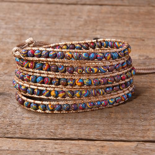 YGLINE Natural Stone Wrap Bracelet for Women Boho Bracelets Healing Crystal Beaded Bracelet Adjustable 3/5 Wraps Bracelet Handmade Birthday Gifts for Women - color: Malachite(5 wraps)