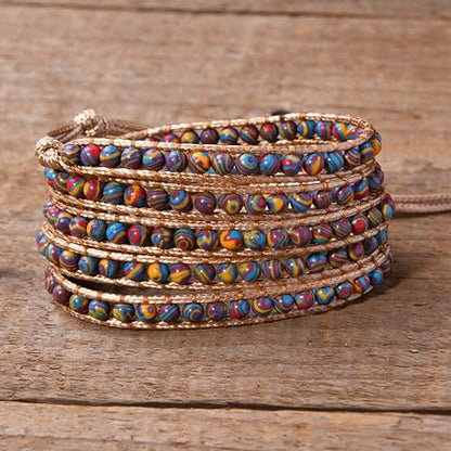 YGLINE Natural Stone Wrap Bracelet for Women Boho Bracelets Healing Crystal Beaded Bracelet Adjustable 3/5 Wraps Bracelet Handmade Birthday Gifts for Women - color: Malachite(5 wraps)