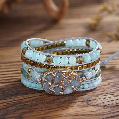 Plumiss Women Boho Handmade Natural Stone Crystal Leather Bead Wrap Bracelets Collection - style: Gold Amazonite 5W