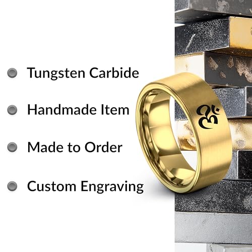 Yoga Om Symbol Ring - Gift for Meditation Fan - Personalized Custom Engraving - Anniversary Wedding - 8mm - Band - Brushed Polished - Tungsten - Flat Dome Bevel - Men Women - Yellow Rose Gold Silver - color: 15 - Yellow Gold Tungsten