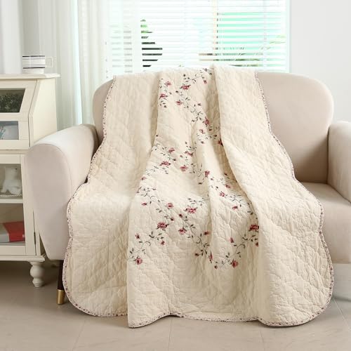 vctops 100% Cotton Quilted Throw Blanket 50x60 Inch Floral Embroidered Reversible Patchwork All Season Throw (Flower,50"x60") - color: Flower