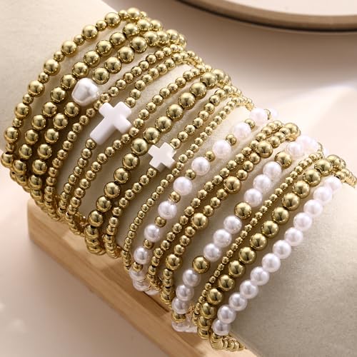 16 PCS Gold Bead Pearl Bracelet for Women, Gold Plated Beaded Strand Bead Ball Bracelets stack Adjustable Jewelry Set for Gifts - color: 01-GOLD