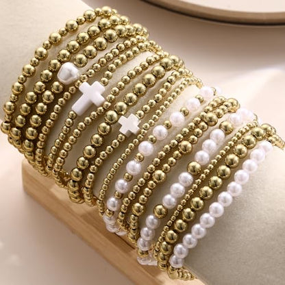 16 PCS Gold Bead Pearl Bracelet for Women, Gold Plated Beaded Strand Bead Ball Bracelets stack Adjustable Jewelry Set for Gifts - color: 01-GOLD