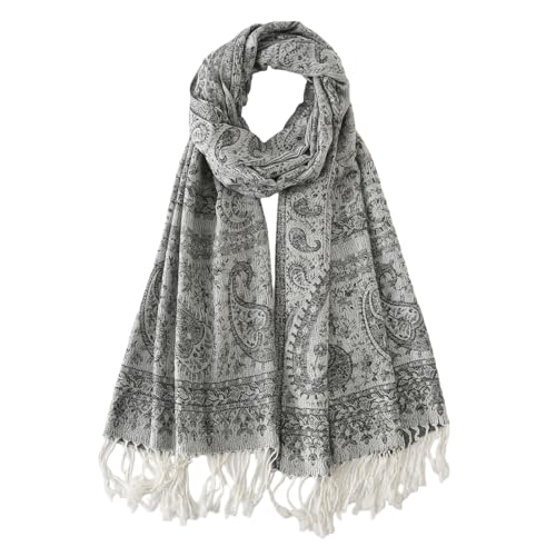 Paisley Pashmina Rave Shawl Scarf-Women's Reversible Ethnic Jacquard Pashmina Wraps for Travel - color: C#.silver White