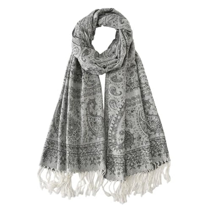 Paisley Pashmina Rave Shawl Scarf-Women's Reversible Ethnic Jacquard Pashmina Wraps for Travel - color: C#.silver White