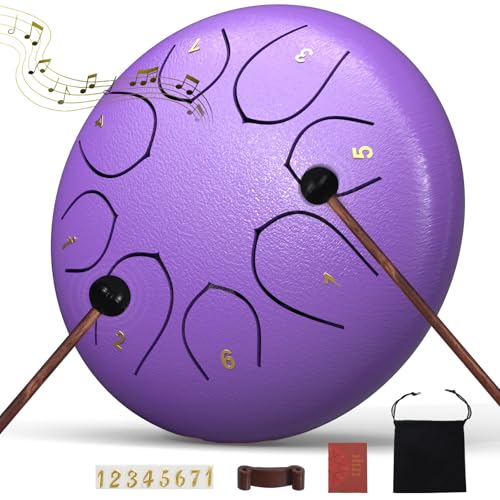 Rain Drum for Outside Garden, 6 Inches 8 Notes Steel Tongue Drums, Waterproof Meditation Echo Rain Chime, Musical Instruments for Adult Gift with Bag, Music Book, Mallets (Purple) - color: Purple, size: 6 Inches