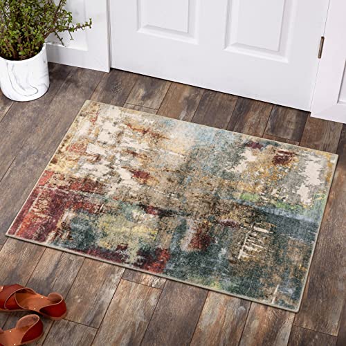 Lahome Modern Abstract Area Rug - 2x3 Washable Small Entryway Rug for Kitchen Non-Slip Front Doormat, Contemporary Faux Wool Soft Floor Indoor Carpet for Bathroom,Red/Multi - color: Red/Multi, size: 2' x 3'