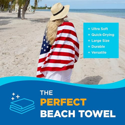 Kaufman - Printed Beach and Pool Towel Set, 100% Cotton, 30 inch x 60 inch (American Flag/100 Dollar Bill)