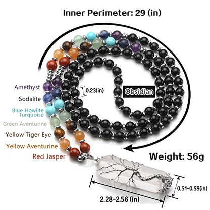 Jovivi Natural 7 Chakras Healing Crystals Necklace Wire Wrapped Clear Quartz Stone Pendant Healing Pointed Reiki Energy Balancing - color: Black Obsidian