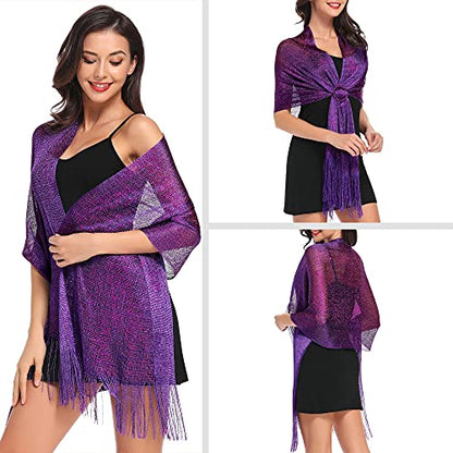 vimate Sparkling Metallic Shawls and Wraps for Evening Party/Wedding/Formal Dresses (With Free Buckle) - color: P#. Purple (With Purple Buckle)