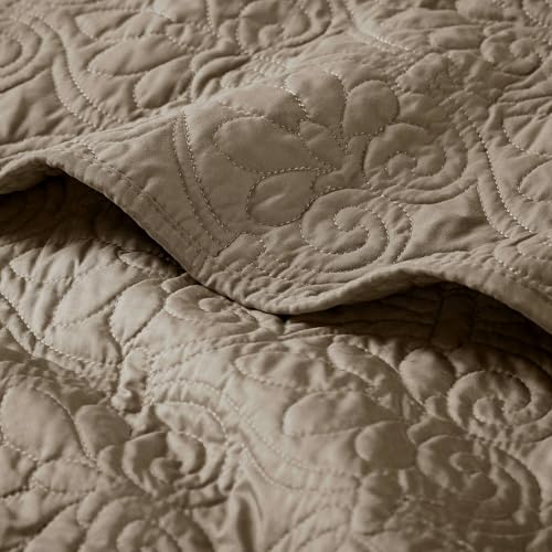 Madison Park Throw Blanket - Reversible Damask Quilting Design, Soft Pre-washed Microfiber, Cotton Filled Spread, Cozy Summer Blanket - Throw for Living Room Couch, Sofa, Bed, Quebec, 60x70", Khaki - color: Khaki, size: 60"x70"
