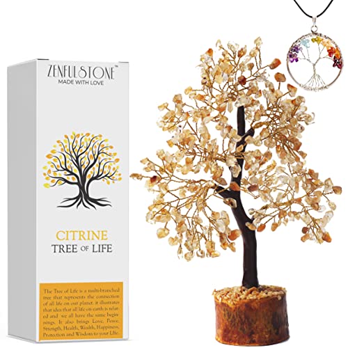 Zenfulstone Citrine Tree of Life Artificial Tree, 10-12 Inches, Wooden Base, Positive Energy, Versatile Use, Wonderful Gift - color: Citrine Golden Wire