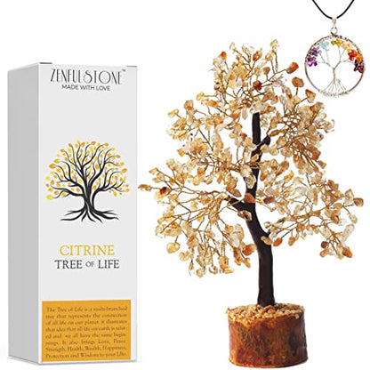 Zenfulstone Citrine Tree of Life Artificial Tree, 10-12 Inches, Wooden Base, Positive Energy, Versatile Use, Wonderful Gift - color: Citrine Golden Wire