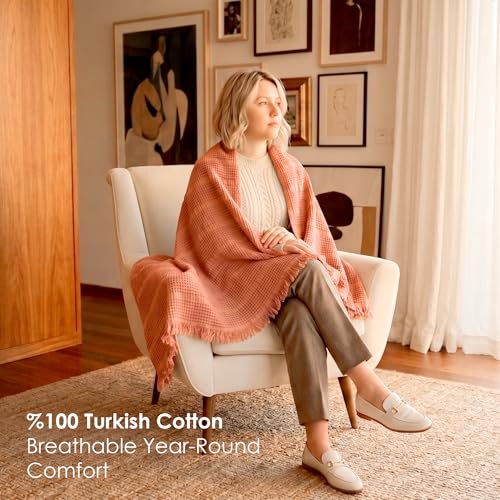 Mira Waffle Throw Blanket with Tassels - 50x66 Inch - 100% Turkish Cotton Tencel Breathable Blend Lightweight Blanket for Couch, Sofa, Bed - color: Salmon