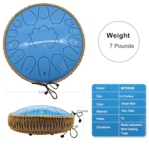 BETESINE 13-Inch 15-Note Steel Tongue Drum in C Major, Beginner-Friendly Meditation Drum with Mallets, Music Book, Finger Picks, Carry Bag & Note Stickers, Ocean Blue - color: Ocean Blue