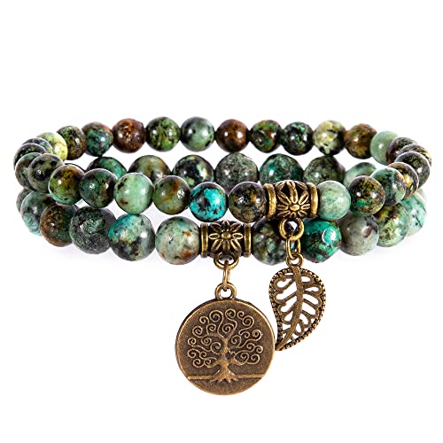 Bivei Natural Semi Precious Gemstone beads bracelet for women - Life Tree and Leaf Charm Energy Reiki Crystal Stretch Bracelets - color: African Turquoise Bracelet Set, size: Medium:6.8-7.24inch
