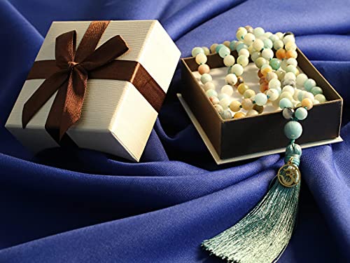 COAI OM Charm Hand Knotted Tassel 108 Mala Beads Necklace - color: Faceted Amazonite, size: 8mm