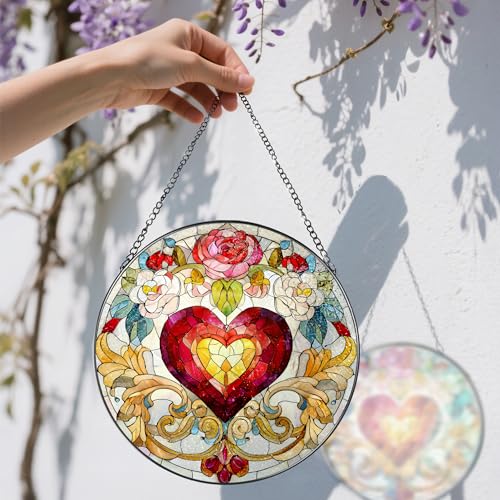 Stained Glass Window Hanging, 8 in Valentine Heart Sun Catcher, Stained Glass Suncatcher, Gift for Wife, Gift for Girlfriend, Mother's Day, Christmas, Birthday, Valentine's Day Gifts for Couple, Her - color: Heart Flower