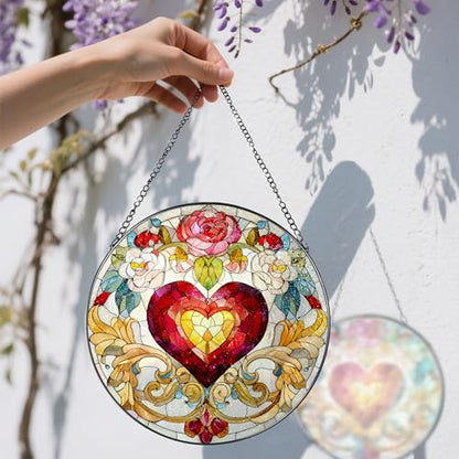 Stained Glass Window Hanging, 8 in Valentine Heart Sun Catcher, Stained Glass Suncatcher, Gift for Wife, Gift for Girlfriend, Mother's Day, Christmas, Birthday, Valentine's Day Gifts for Couple, Her - color: Heart Flower