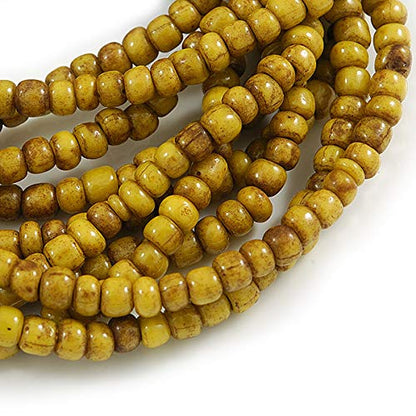 Avalaya Multistrand Dusty Yellow Glass Bead with Wooden Rings Flex Bracelet - Medium