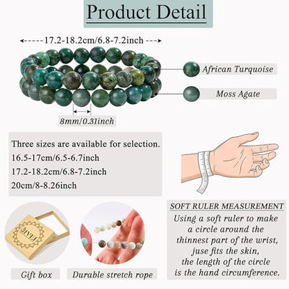 Bivei Natural Gemstone Semi Precious Healing Crystals Handmade Stretchy Round Beads Bracelet,Stocking Stuffers for Women Enhance Positive Energy - color: 8mm Moss Agate & African Turquoise (Peace & Prosperity), size: Small: 6.5-6.7 inch