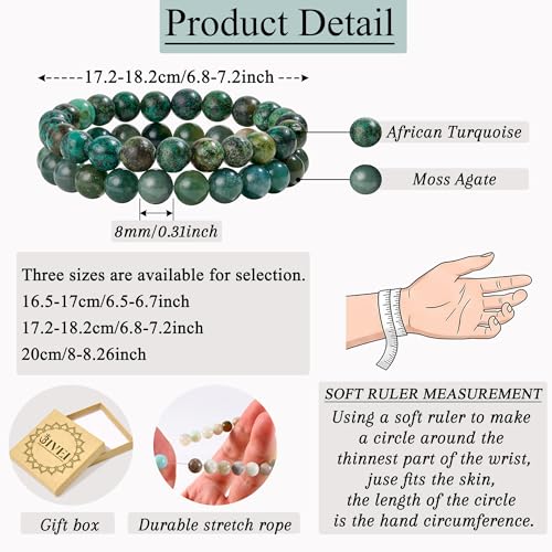 Bivei Natural Gemstone Semi Precious Healing Crystals Handmade Stretchy Round Beads Bracelet,Stocking Stuffers for Women Enhance Positive Energy - color: 8mm Moss Agate & African Turquoise (Peace & Prosperity), size: Large: 8-8.26 inch