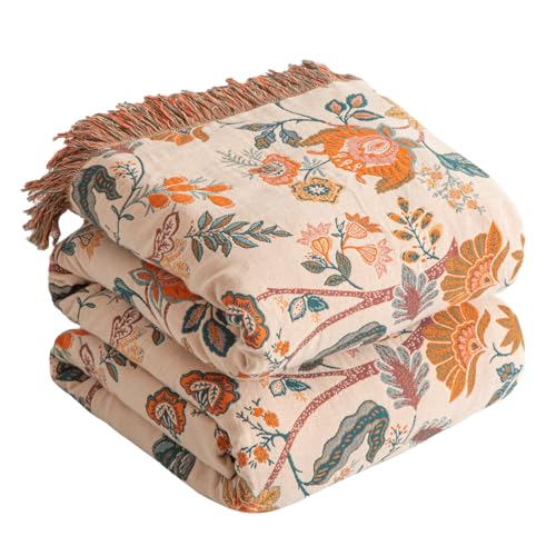 Boho Throw Blanket for Bed 90”x108”, 100% Cotton Woven Blanket for Couch Sofa, Ultra Soft 4-Layer Muslin Quilt with Floral Printed, Farmhouse Bed Blanket/Cover for Living Room Decor - color: H - Boho Floral, size: 90“ X 108”