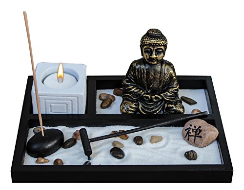 Zen Garden Deluxe Desk Meditation Garden Buddha Statue with Tea Light Holder, Incense Holder, Incense, Rocks, Sand, and Rake (Candle Not Included)