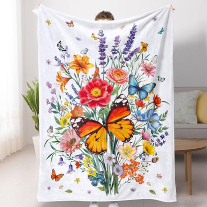 Floral Blanket Ultra Soft Butterfly Flowers Throw Blankets Wildflower Leaves Flannel Fleece Throw Watercolor Warm Cozy Fuzzy Plus Gift Cabin Blanket for Bed Sofa, 50" X 60"
