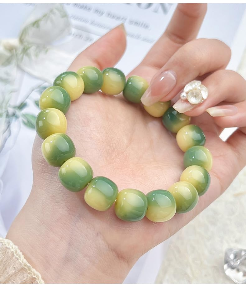 MUDI Bracelet For Women, Bodhi Seed Beads Bracelets Fidget Healing Energy Protection Stretch to My Man Jewelry Gift - color: Round Green Like Lime