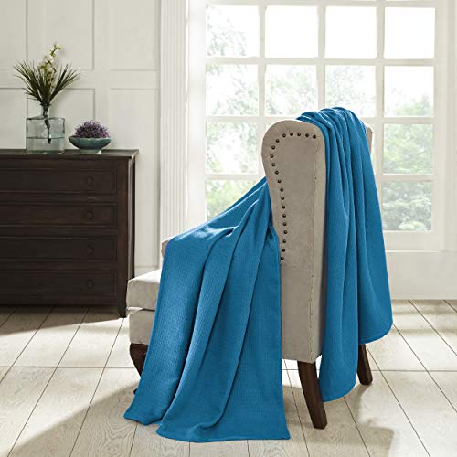 Superior Waffle Weave Cotton Blanket, for Picnic, Beach, Traveling or Camping, Comfy Blanket, Bedroom Decor, Essentials, Cover for Bed, Couch, Lounging, Honeycomb Knit, Throw, Azure
