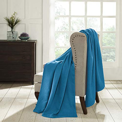 Superior Waffle Weave Cotton Blanket, for Picnic, Beach, Traveling or Camping, Comfy Blanket, Bedroom Decor, Essentials, Cover for Bed, Couch, Lounging, Honeycomb Knit, Throw, Azure