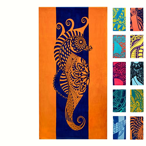 Nova Blue Seahorse Beach Towel – Blue and Orange with A Tropical Design, Extra Large, XL (34”x 63”) Vibrant, Bright, Colorful Pool Towel Made from 100% Cotton - color: Seahorse