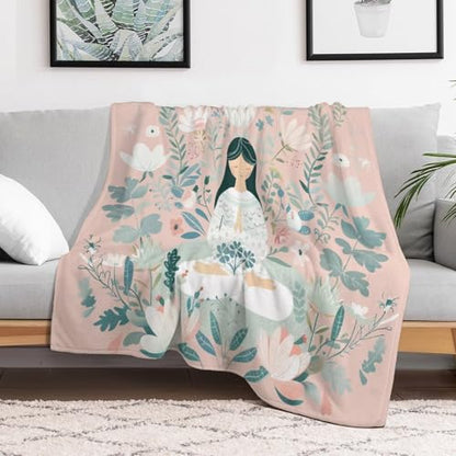 Cartoon Meditation Woman Throw Blanket, Soft Cozy Warm Flannel Cute Lotus Flower Botanical Blanket for Couch Sofa Bed, 40"x50" - color: Cartoon Meditation Woman, size: 40"x50"