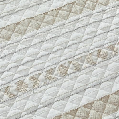 Brandream Cotton Quilted Throw Blanket – Lightweight Striped Design for All-Season Use Cozy Beige and White Throw for Sofa, Chair, or Bed