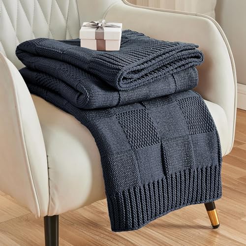 CozeCube Check Knit Throw Blanket, Midnight Navy Checkered Throw for Couch, Decorative Christmas Soft Cozy Warm Knitted Blanket for Bed Sofa Living Room, 50"X60" - color: Midnight Navy, size: 50"X60"