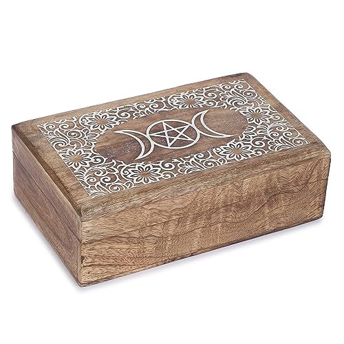 Ajuny Wooden Decorative Jewelry Box with moon and Star Carving Multipurpose Treasure Chest Storage Keepsake Box Necklaces Watch Organizer Boxes Birthday Gifts for Women & Men 8x5 Inch - style: Star Moon White