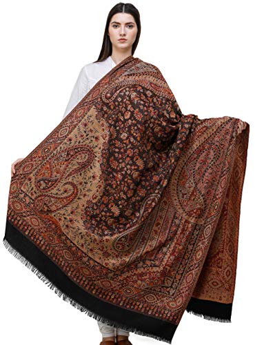 Exotic India Reversible Jamawar Shawl with Woven Paisleys - Wool - color: Caviar Black
