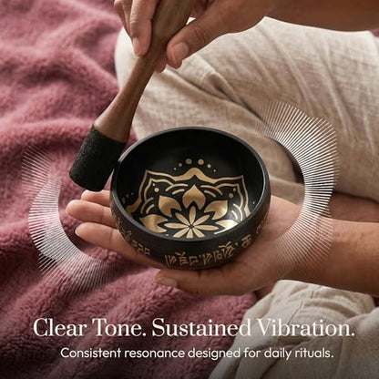 Silent Mind Tibetan Singing Bowl Set – Easy to Play & Beginner Friendly Meditation Bowl with Cushion, Mallet & Case | Stress Relief & Mindfulness | Gift-Ready - color: Coal Black, size: With Case