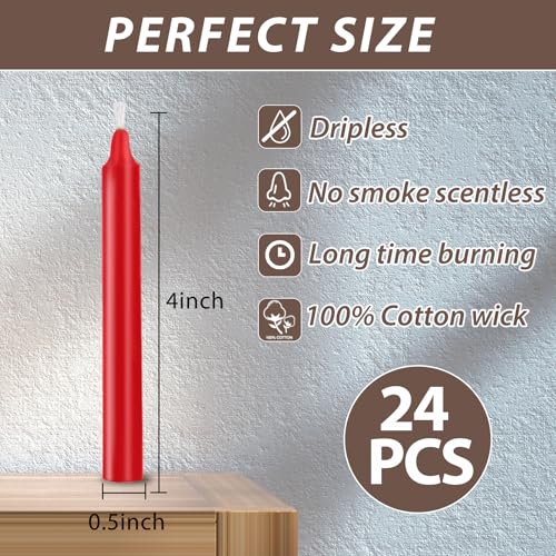 24 Pack Red Spell Chime Candles – Premium Mini Unscented Taper Candles for Rituals, Prayer, Meditation, Altar, Spells – 4" Tall – Ideal for Witches & Spiritual Practices - color: Red