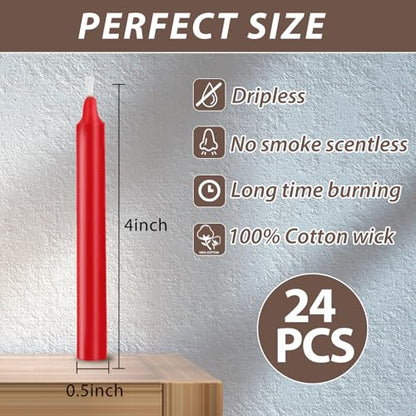 24 Pack Red Spell Chime Candles – Premium Mini Unscented Taper Candles for Rituals, Prayer, Meditation, Altar, Spells – 4" Tall – Ideal for Witches & Spiritual Practices - color: Red