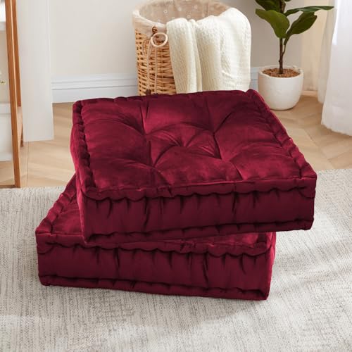 Floor Pillow Large Square Tufted Decorative Cushion 20" x 20" Faux Velvet Fabric Ultra Thick Fill for Kids and Adults, 2 Pack, Burgundy Red