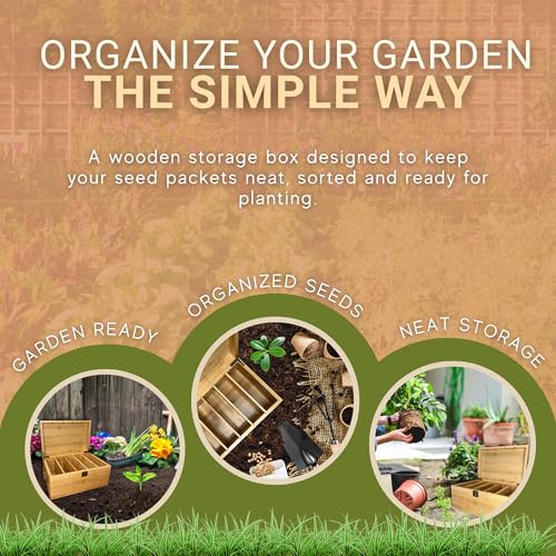 Bamboo Garden Seed Storage Organizer Box, Wooden Seed Box with Removable Dividers, Metal Handle and Latch, Seed Keeper Organizer for Garden Seed Packets and Storage (10.59 x 7 x 5.12 in)