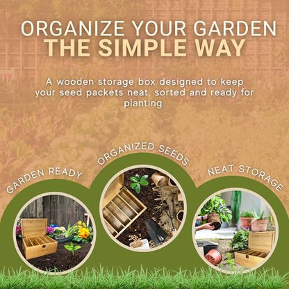 Bamboo Garden Seed Storage Organizer Box, Wooden Seed Box with Removable Dividers, Metal Handle and Latch, Seed Keeper Organizer for Garden Seed Packets and Storage (10.59 x 7 x 5.12 in)