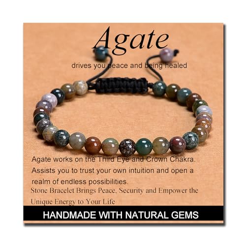 MASSIVE BEADS Handmade Yoga Natural Stone Crystal Healing Power Energy Gifts for Unisex Adult Bracelet Macrame Adjustable - color: Indian Agate(Peaceful), size: 6mm