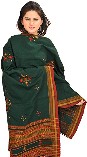 Exotic India Shawl from Kutch with Embroidered Bootis and Mirrors - Wool - color: Bistro Green
