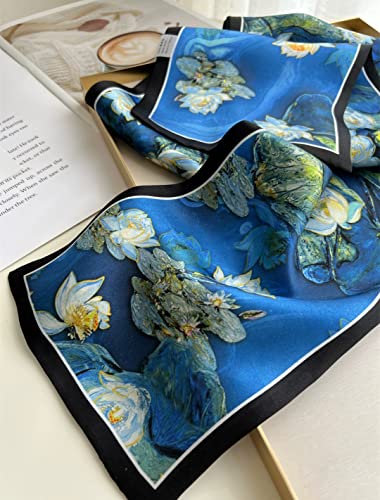 100% Silk Scarf for Women 59”*6.3” Long Shawls for Headscarf and Neck- Oblong Hair Wraps with Gift Packed - color: Water Lilies
